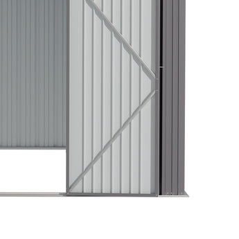 Outdoor tool storage shed door corner with diagonal brace and metal frame
