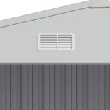 Metal storage shed roof vent, rectangular louvered grille on the side wall
