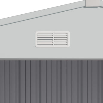 Metal storage shed roof vent, rectangular louvered grille on the side wall