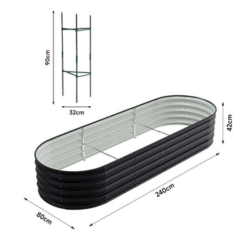 Anthracite oval raised garden bed with galvanized slats and internal support frame