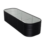 Oval raised garden bed with galvanized liner and wire frame, black ribbed sides