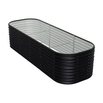 Oval raised garden bed with galvanized liner and wire frame, black ribbed sides