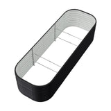 Black oval raised garden bed with galvanized liner and wire support bars