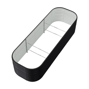 Black oval raised garden bed with galvanized liner and wire support bars