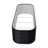 Oval raised garden bed with black ribbed base and galvanized liner, wire frame top