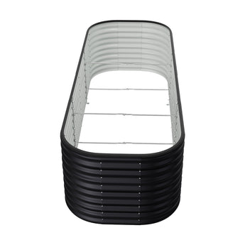 Oval raised garden bed with black ribbed base and galvanized liner, wire frame top