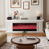 White electric fireplace TV stand with red flame effect display and decorative side panels