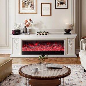White electric fireplace TV stand with red flame effect display and decorative side panels