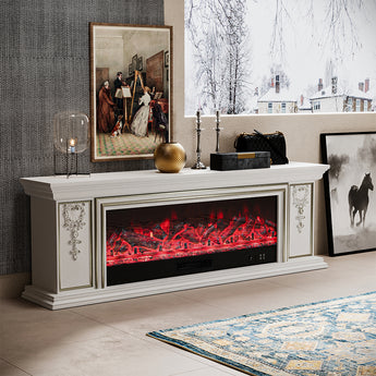 White electric fireplace TV stand with red flame display and carved door-style accents