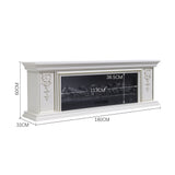 White electric fireplace TV stand, front view with visible measurements