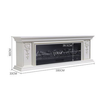 White electric fireplace TV stand, front view with visible measurements