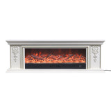 White electric fireplace TV stand with orange glowing fire-log flame display behind glass