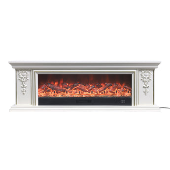 White electric fireplace TV stand with orange glowing fire-log flame display behind glass