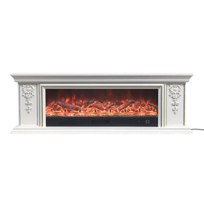 White electric fireplace TV stand with orange glowing fire-log flame display behind glass