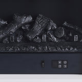 Electric fireplace firebox insert with black charcoal logs and a control panel