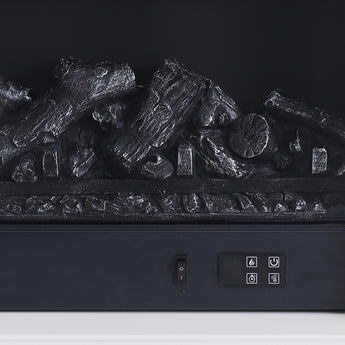 Electric fireplace firebox insert with black charcoal logs and a control panel