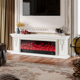 White electric fireplace TV stand with ornate trim and red flame effect screen