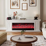 White electric fireplace TV stand with red realistic flame window and heater opening