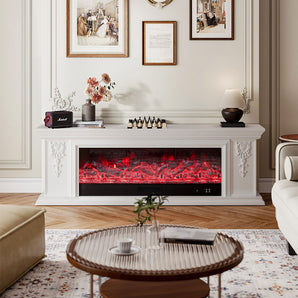 White electric fireplace TV stand with red realistic flame window and heater opening