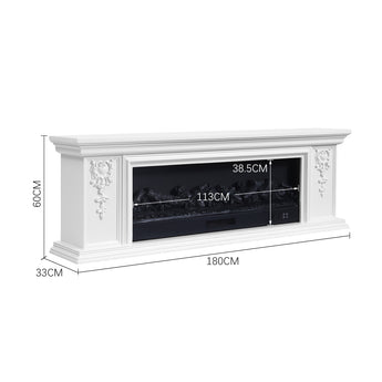 White electric fireplace TV stand with shown dimensions: 180cm width