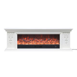 White electric fireplace TV stand with orange flame effect and ornate side carvings