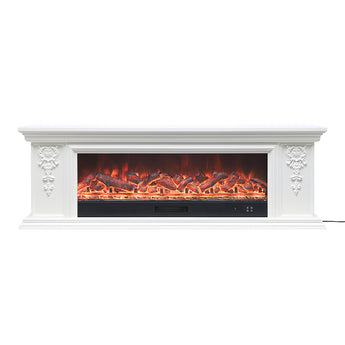 White electric fireplace TV stand with orange flame effect and ornate side carvings