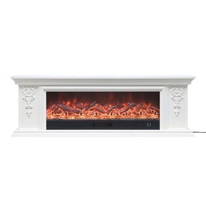 White electric fireplace TV stand with orange flame effect and ornate side carvings