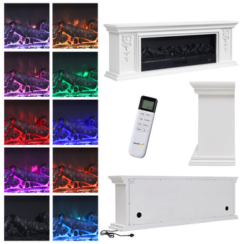 White electric fireplace TV stand with remote control and multicolor flame options