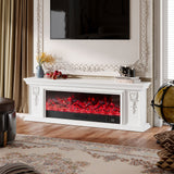 White electric fireplace TV stand with red flame effect and ornate carved side panels