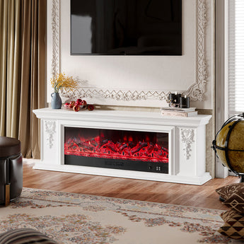 White electric fireplace TV stand with red flame effect and ornate carved side panels