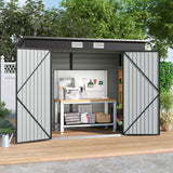 Black storage shed with double doors open, showing interior shelves and storage space