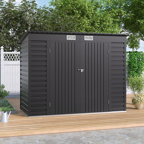 Black 239.5cm outdoor metal storage shed with double doors and roof vents