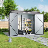Gray storage shed with double doors open, showing interior shelving and tools