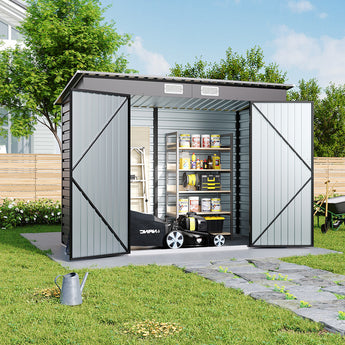 Gray storage shed with double doors open, showing interior shelving and tools