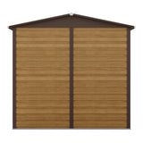 Tawny outdoor storage shed side view with wooden panel walls and dark frame posts