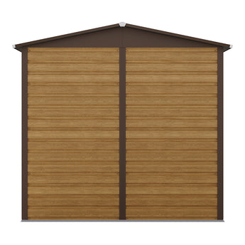 Tawny outdoor storage shed side view with wooden panel walls and dark frame posts