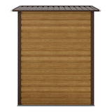 Tawny outdoor storage shed rear panel view with metal roof edge and wood cladding