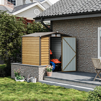 Tawny outdoor storage shed with double doors, open side bay and gray metal paneling