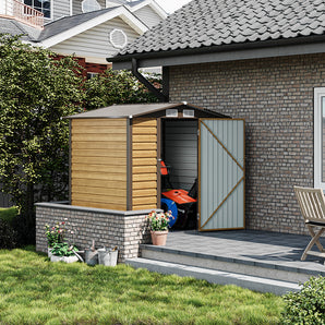 Tawny outdoor storage shed with double doors, open side bay and gray metal paneling