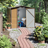 Tawny galvanized steel storage shed with open double doors, gray interior wall panels