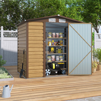 Tawny storage shed interior with open doors and shelving on gray metal side panel