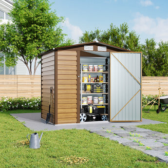 Tawny outdoor storage shed with open double doors and storage shelves inside