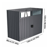 Outdoor metal garbage can storage shed dimensions shown, gray metal frame and doors