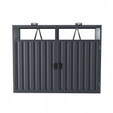 Outdoor metal storage shed, front view of double-door frame with top supports