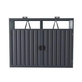 Outdoor metal storage shed, front view of double-door frame with top supports