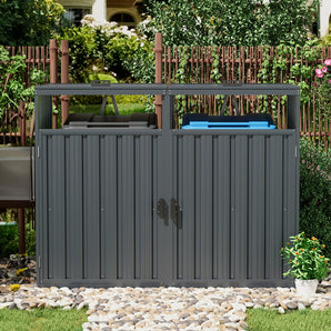 Outdoor metal garbage can storage shed, double-door front with handle and latch
