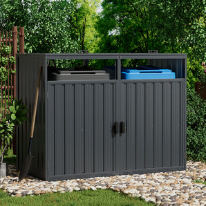 Outdoor metal garbage can storage shed, double doors with side locking panel