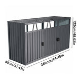 Metal storage shed with two doors and ribbed side panels for outdoor bins