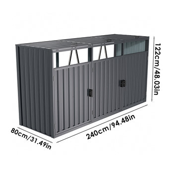 Metal storage shed with two doors and ribbed side panels for outdoor bins