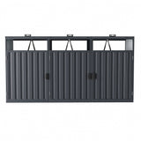 Outdoor metal storage shed, front view with three door sections and central latch